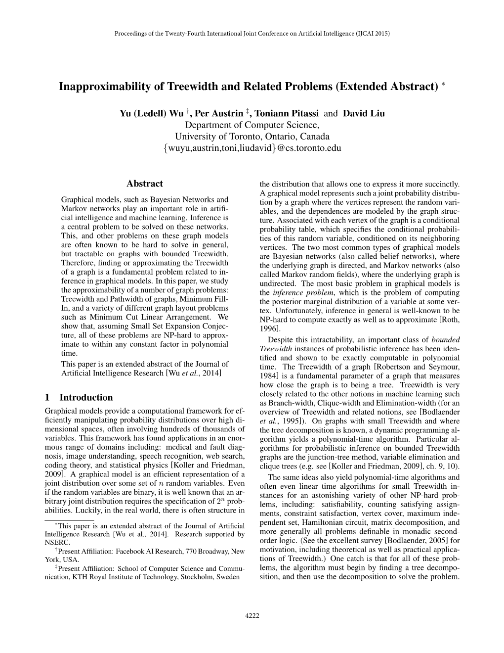 Inapproximability of Treewidth and Related Problems (Extended Abstract) ∗