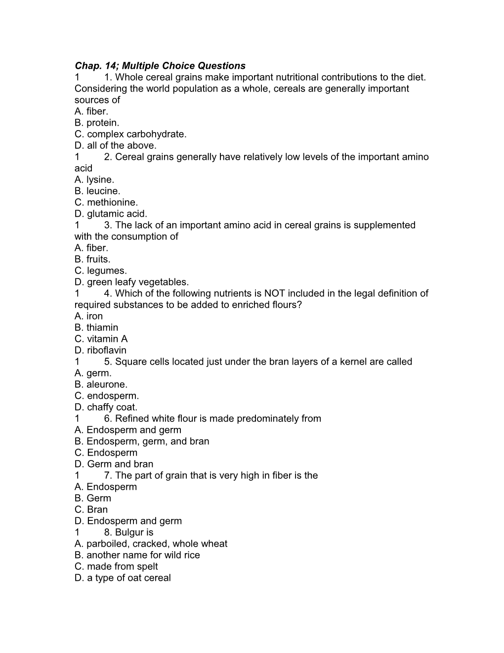 Chap. 14; Multiple Choice Questions