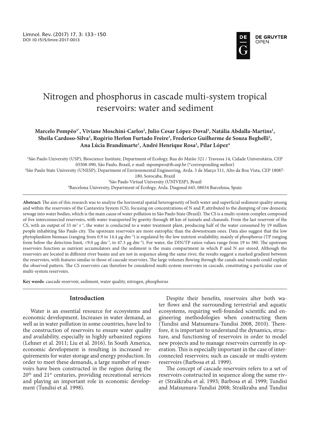 Nitrogen and Phosphorus in Cascade Multi-System Tropical Reservoirs: Water and Sediment