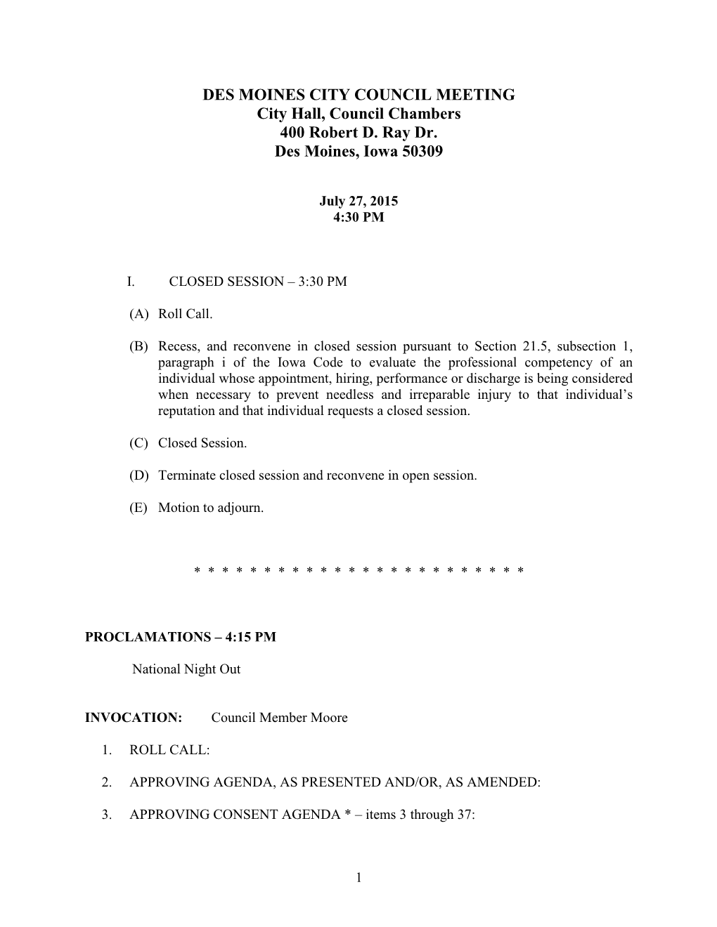 Des Moines City Council Agenda for 7/27/2015 Regular Meeting