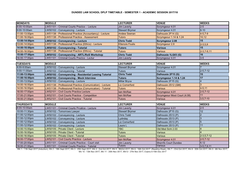 Dundee Law School Dplp Timetable - Semester 1 - Academic Session 2017/18