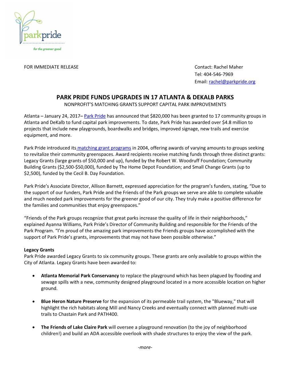 Park Pride Funds Upgrades in 17 Atlanta & Dekalb Parks
