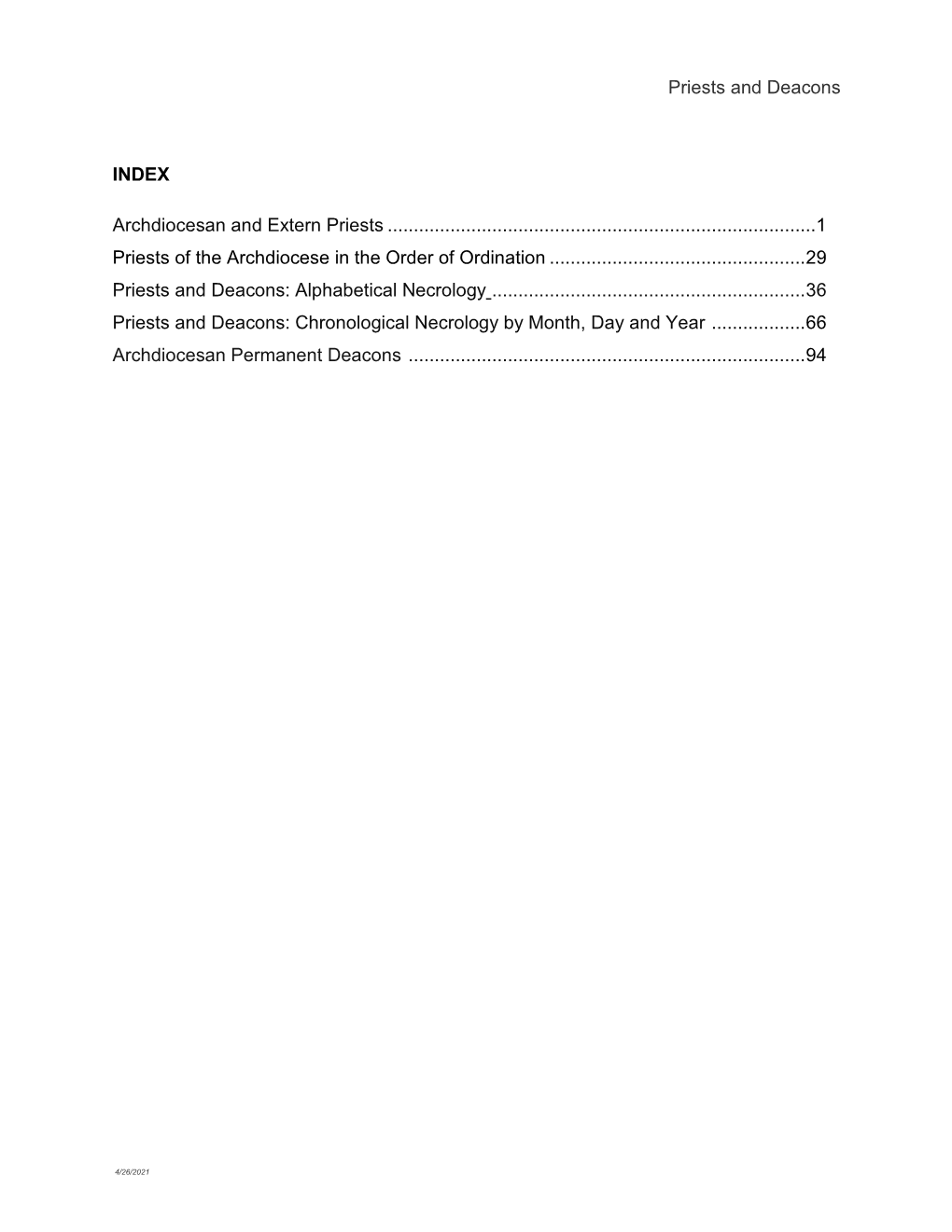 Priests and Deacons INDEX Archdiocesan and Extern Priests