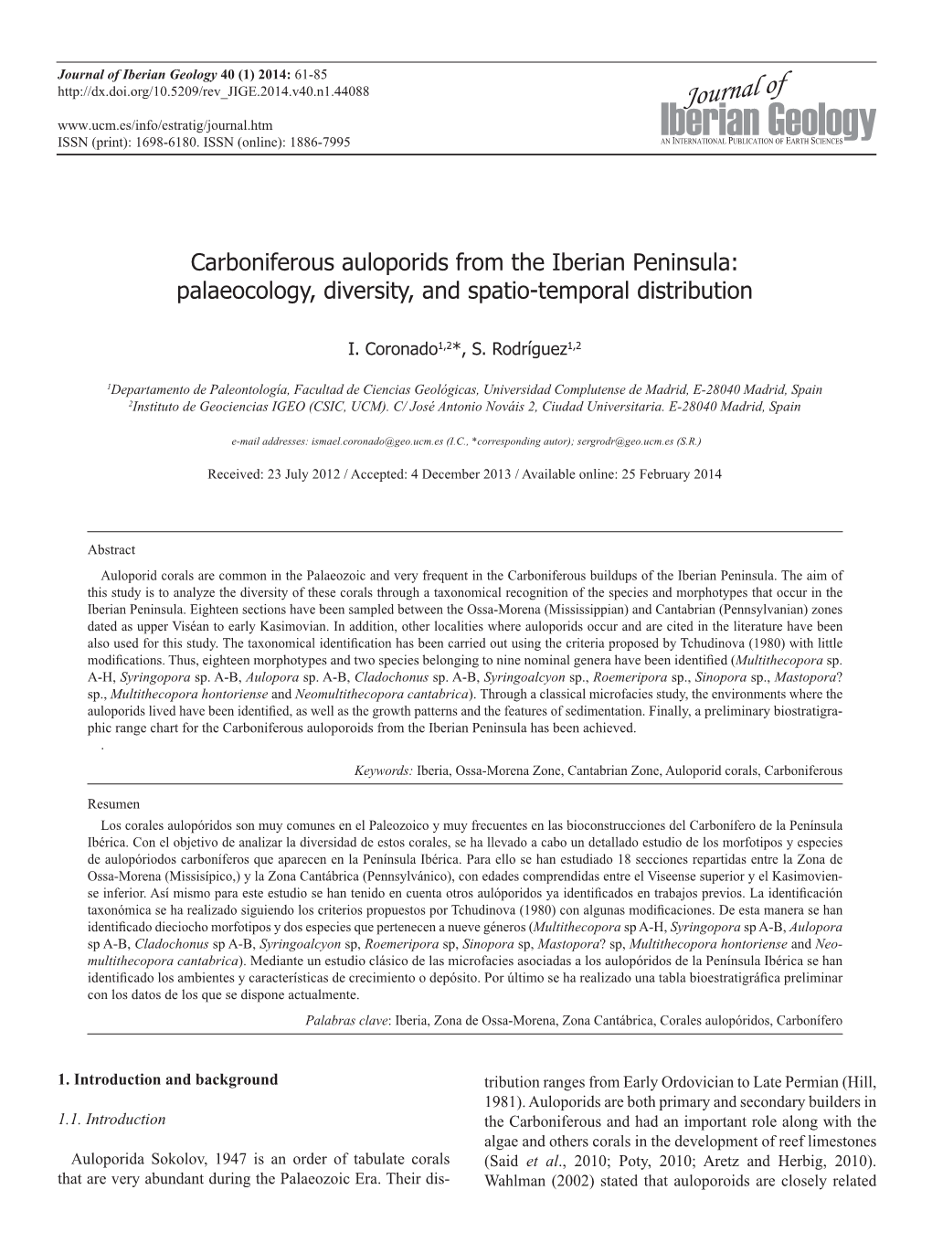 Carboniferous Auloporids from the Iberian Peninsula: Palaeocology, Diversity, and Spatio-Temporal Distribution