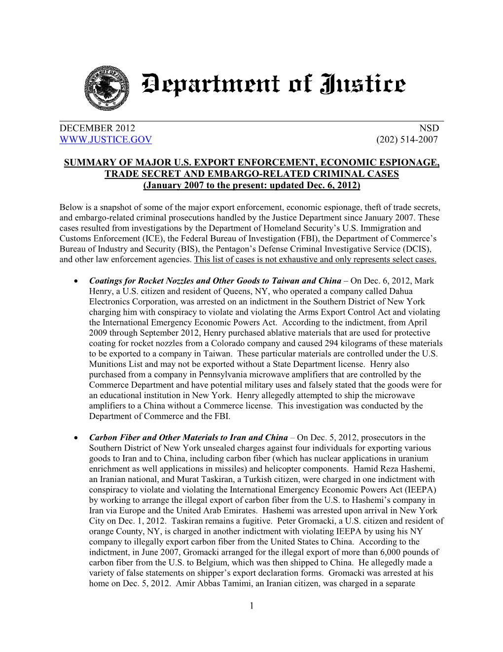 Summary of the Major U.S. Export Enforcement, Economic Espionage, Trade Secret and Embargo-Related Criminal Cases