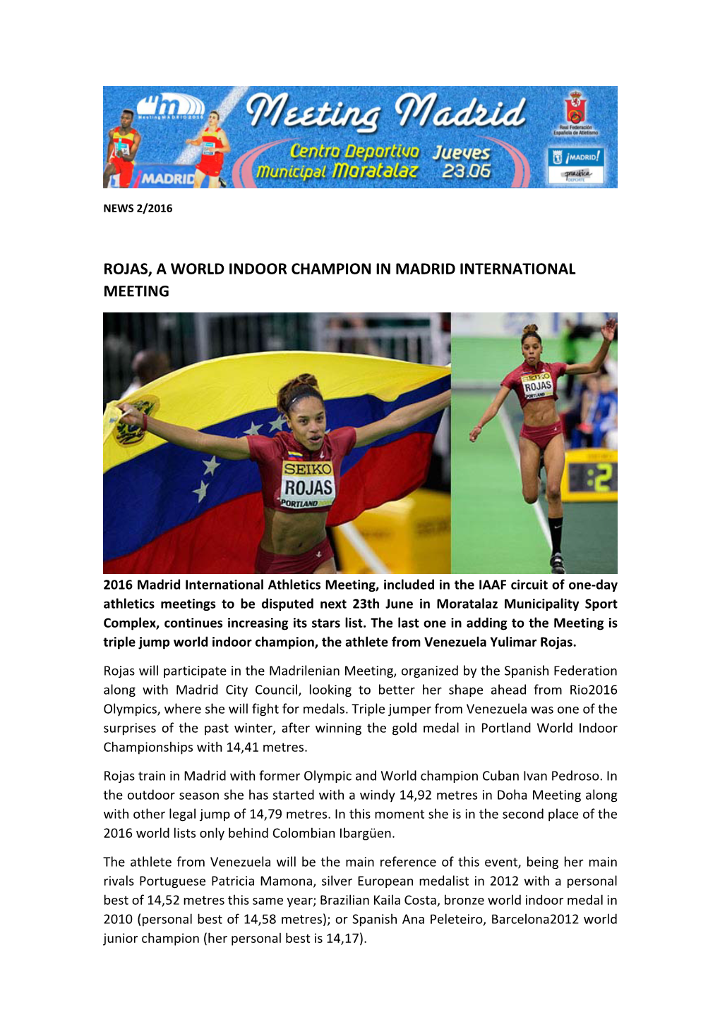 Rojas, a World Indoor Champion in Madrid International Meeting