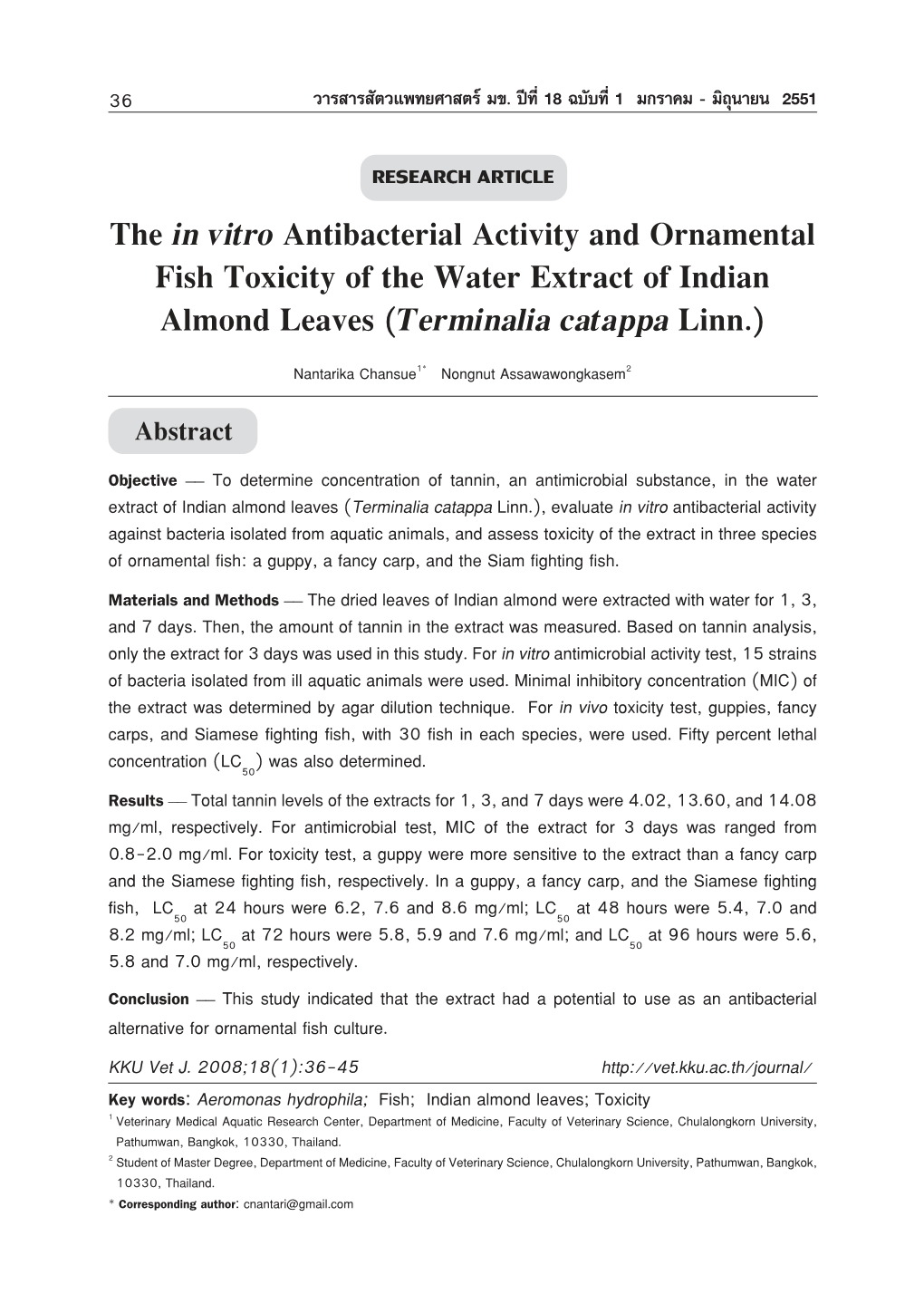 The in Vitro Antibacterial Activity and Ornamental Fish Toxicity of the Water Extract of Indian Almond Leaves (Terminalia Catappa Linn.)