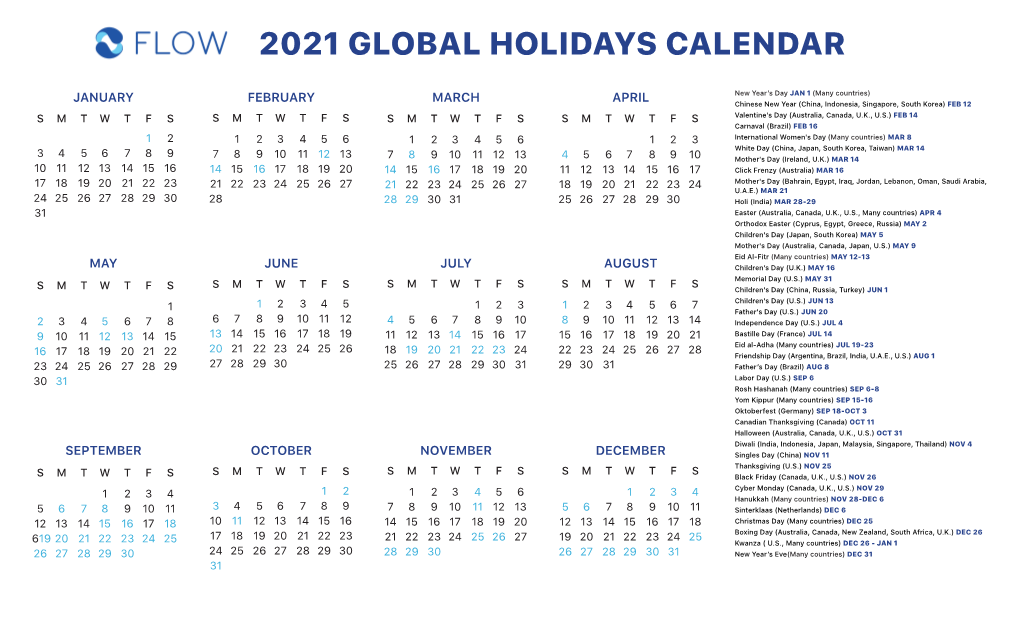 2021 Global Holidays Calendar