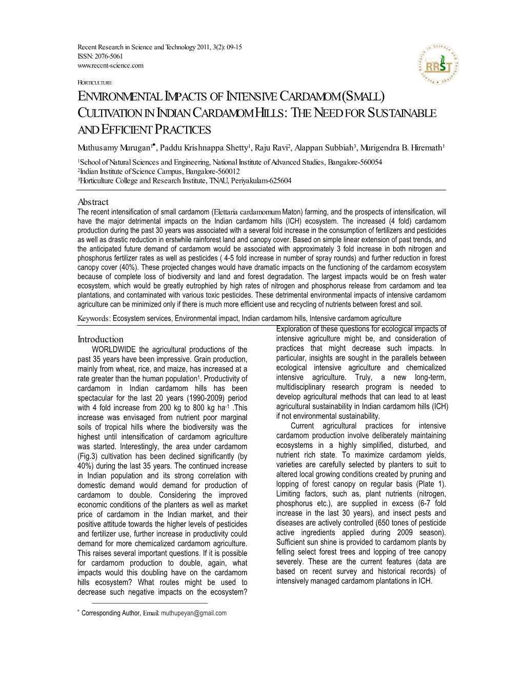Environmental Impacts of Intensive Cardamom (Small