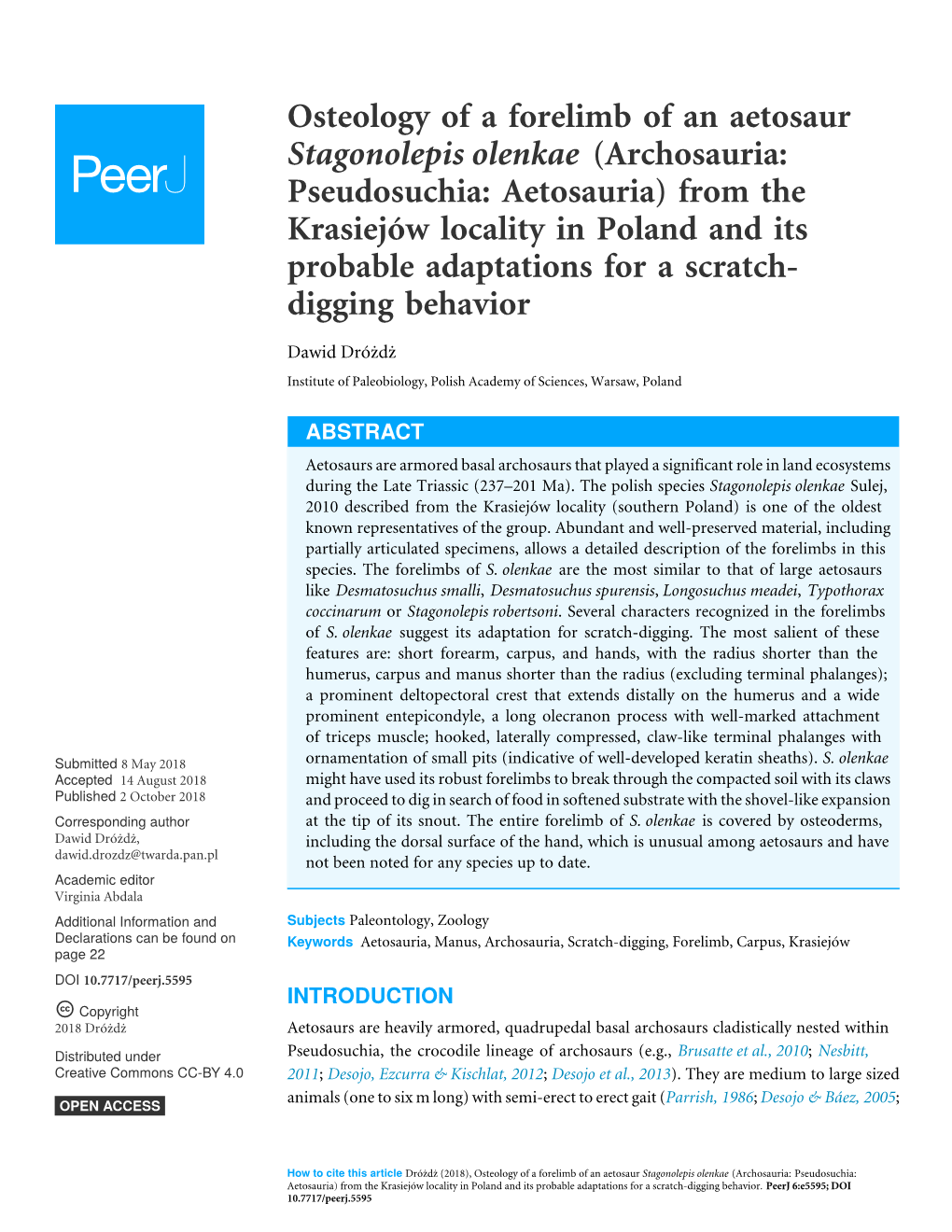 Osteology of a Forelimb of an Aetosaur Stagonolepis Olenkae (Archosauria: Pseudosuchia: Aetosauria) from the Krasiejów Locality