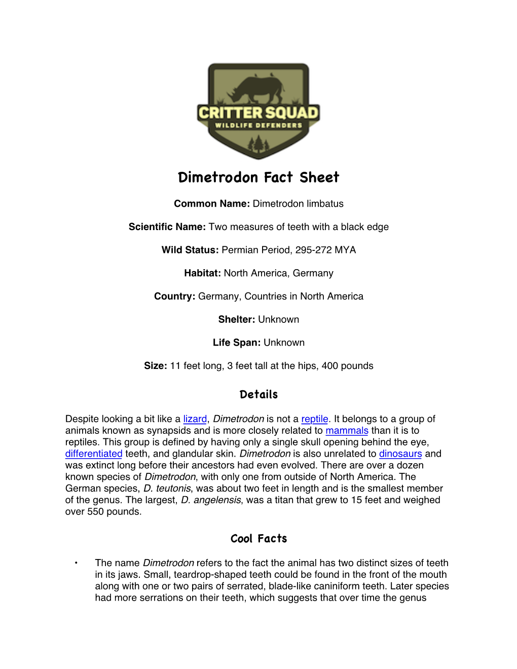 Dimetrodon Fact Sheet