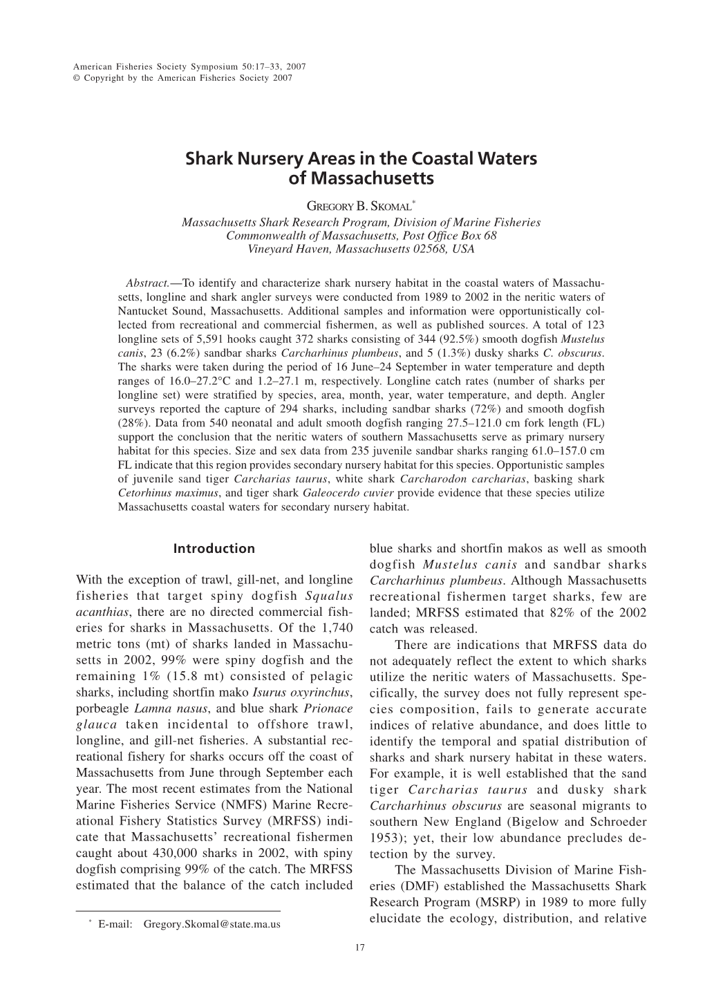 Shark Nursery Areas in the Coastal Waters of Massachusetts
