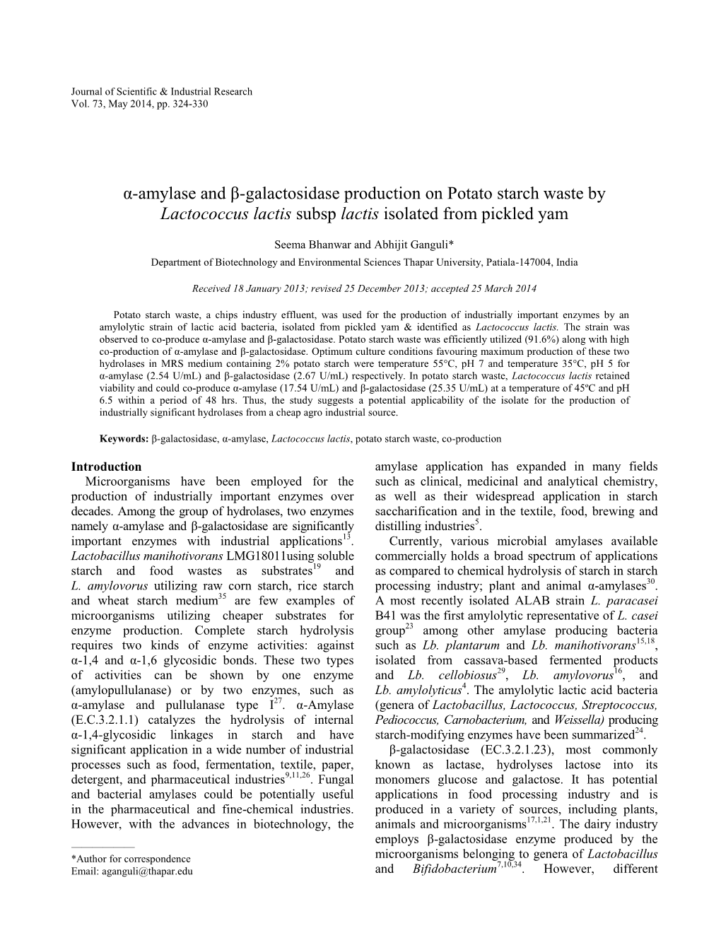 Α-Amylase and Β-Galactosidase Production on Potato Starch Waste by Lactococcus Lactis Subsp Lactis Isolated from Pickled Yam