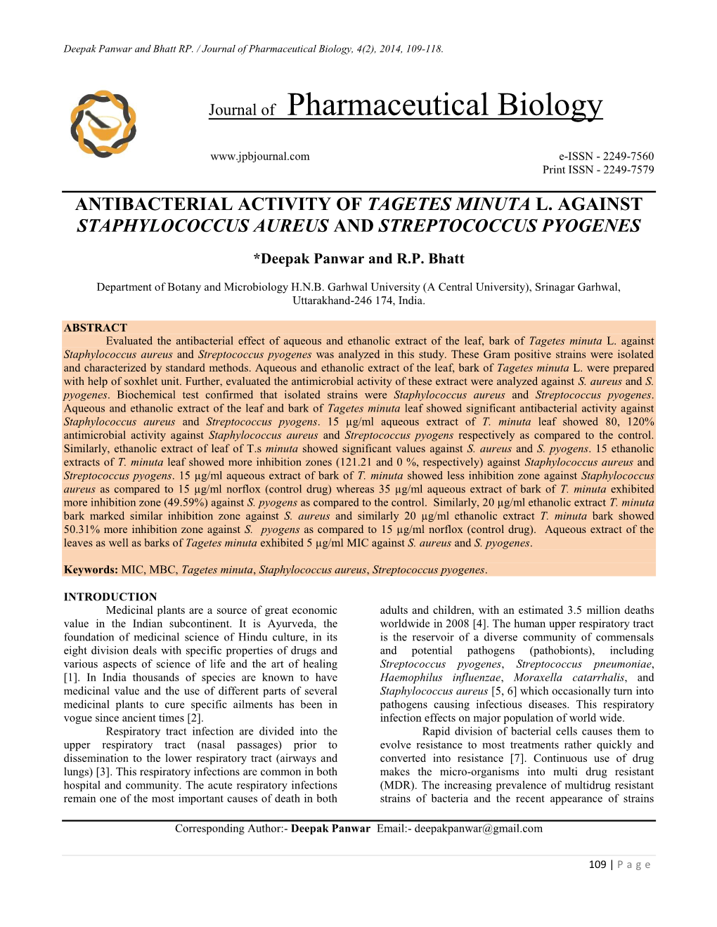 Antibacterial Activity of Tagetes Minuta L. Against Staphylococcus Aureus and Streptococcus Pyogenes