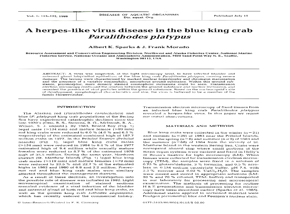 A Herpes-Like Virus Disease in the Blue King Crab Paralithodes Platypus