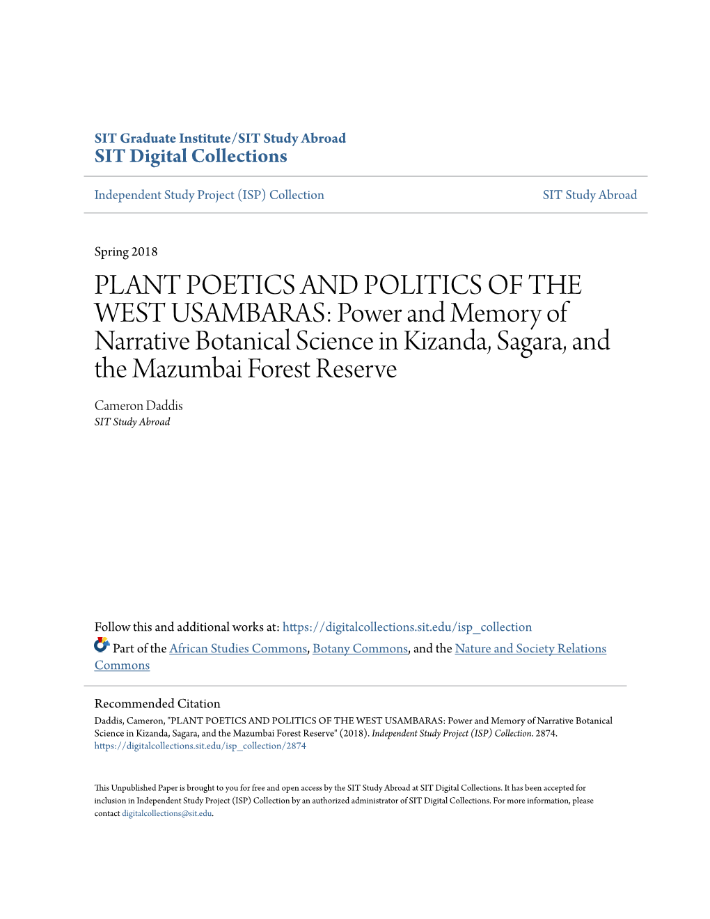 Plant Poetics and Politics of the West Usambaras