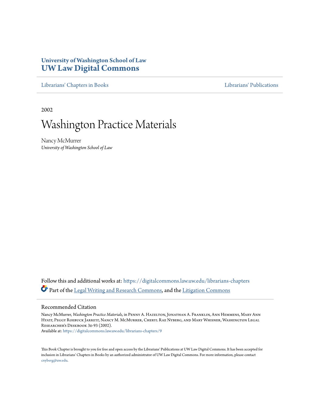 Washington Practice Materials Nancy Mcmurrer University of Washington School of Law
