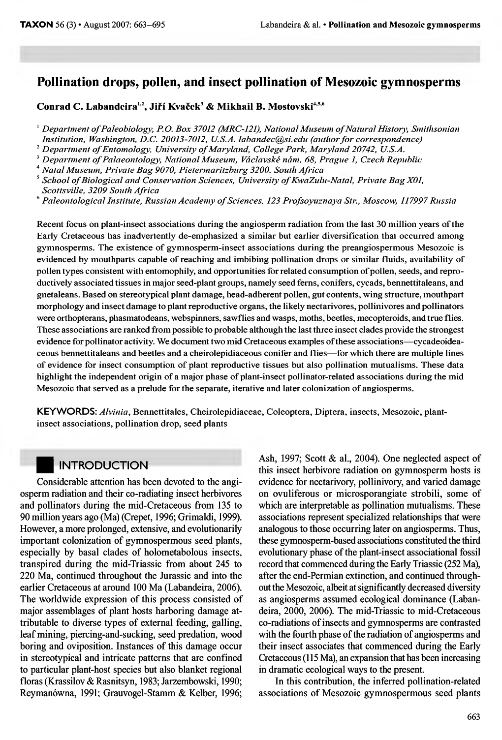 Pollination Drops, Pollen, and Insect Pollination of Mesozoic Gymnosperms