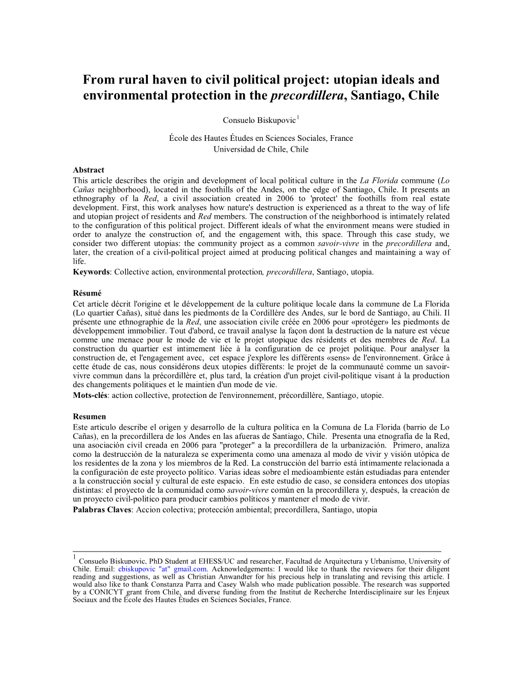 From Rural Haven to Civil Political Project: Utopian Ideals and Environmental Protection in the Precordillera, Santiago, Chile