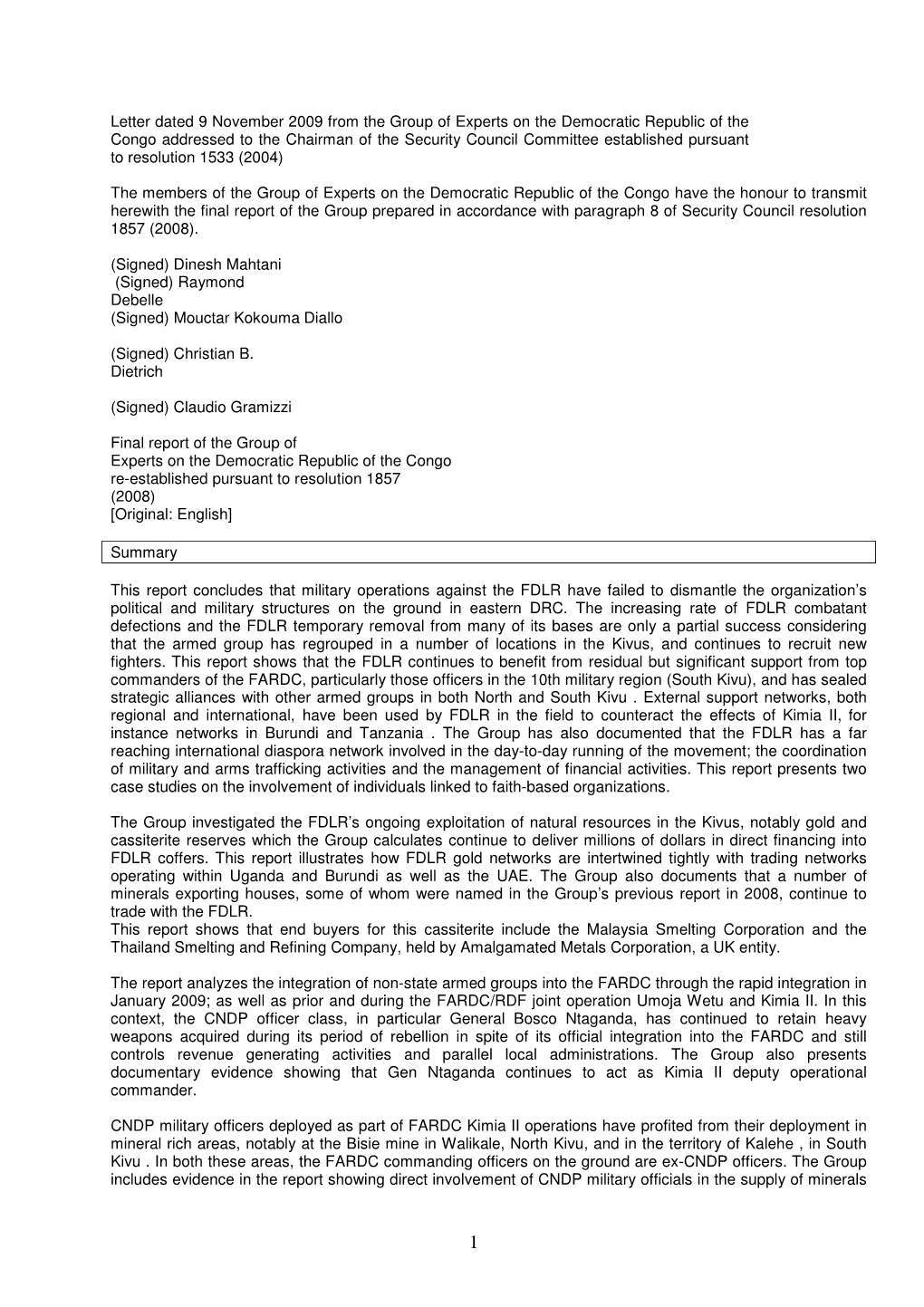 Letter Dated 9 November 2009 from the Group of Experts on The