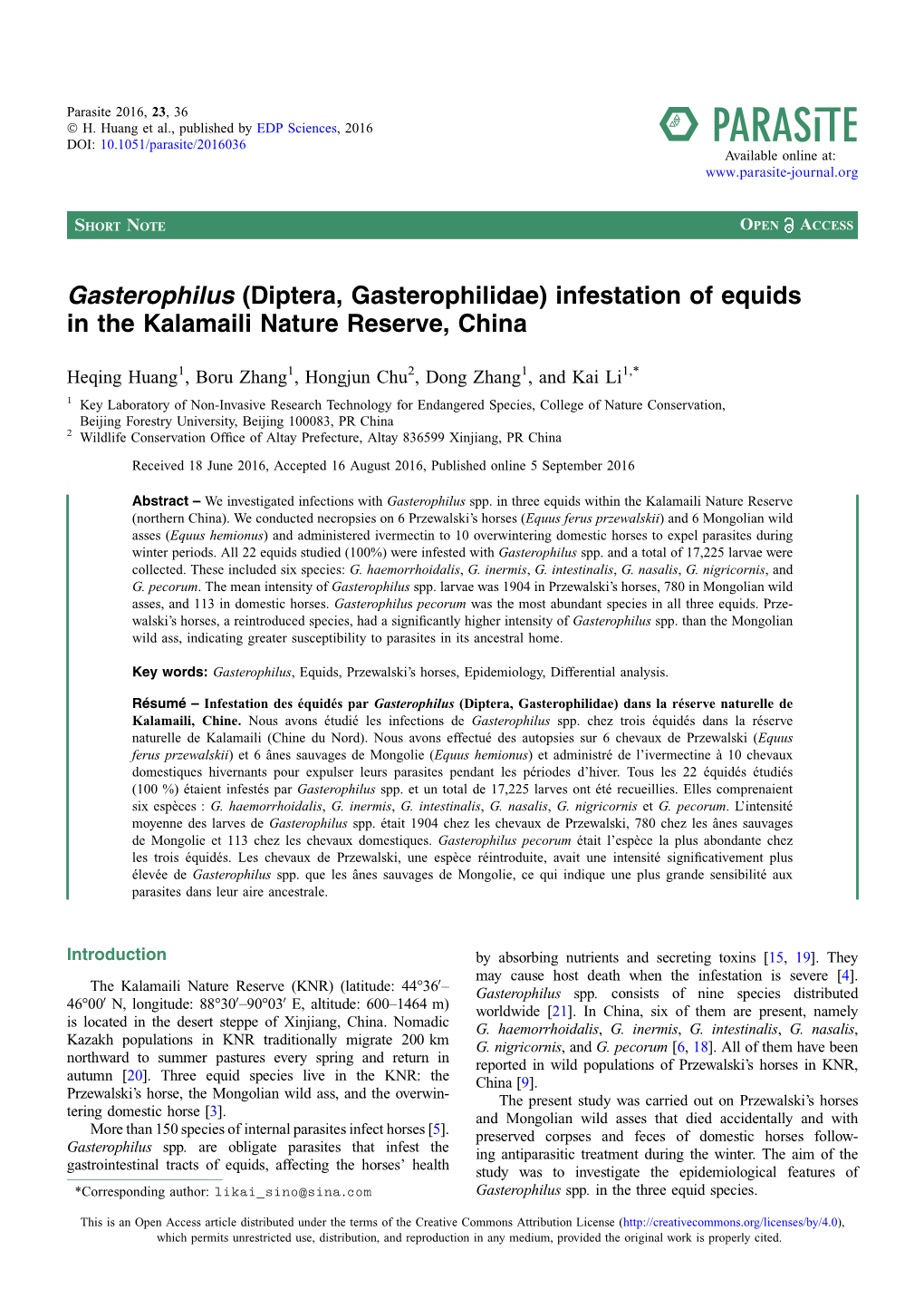 Gasterophilus (Diptera, Gasterophilidae) Infestation of Equids in the Kalamaili Nature Reserve, China