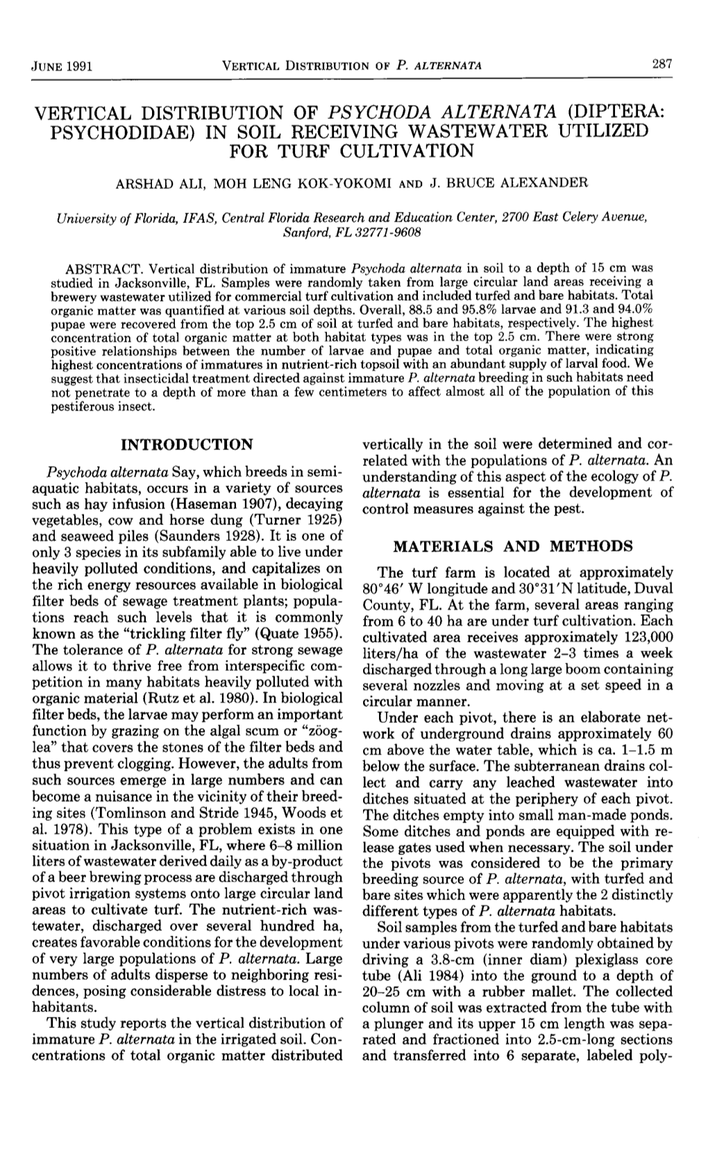 Vertical Distribution of Psychoda Alternata (Diptera: Psychodidae) in Soil Receiving Wastewater Utilized for Turf Cultivation