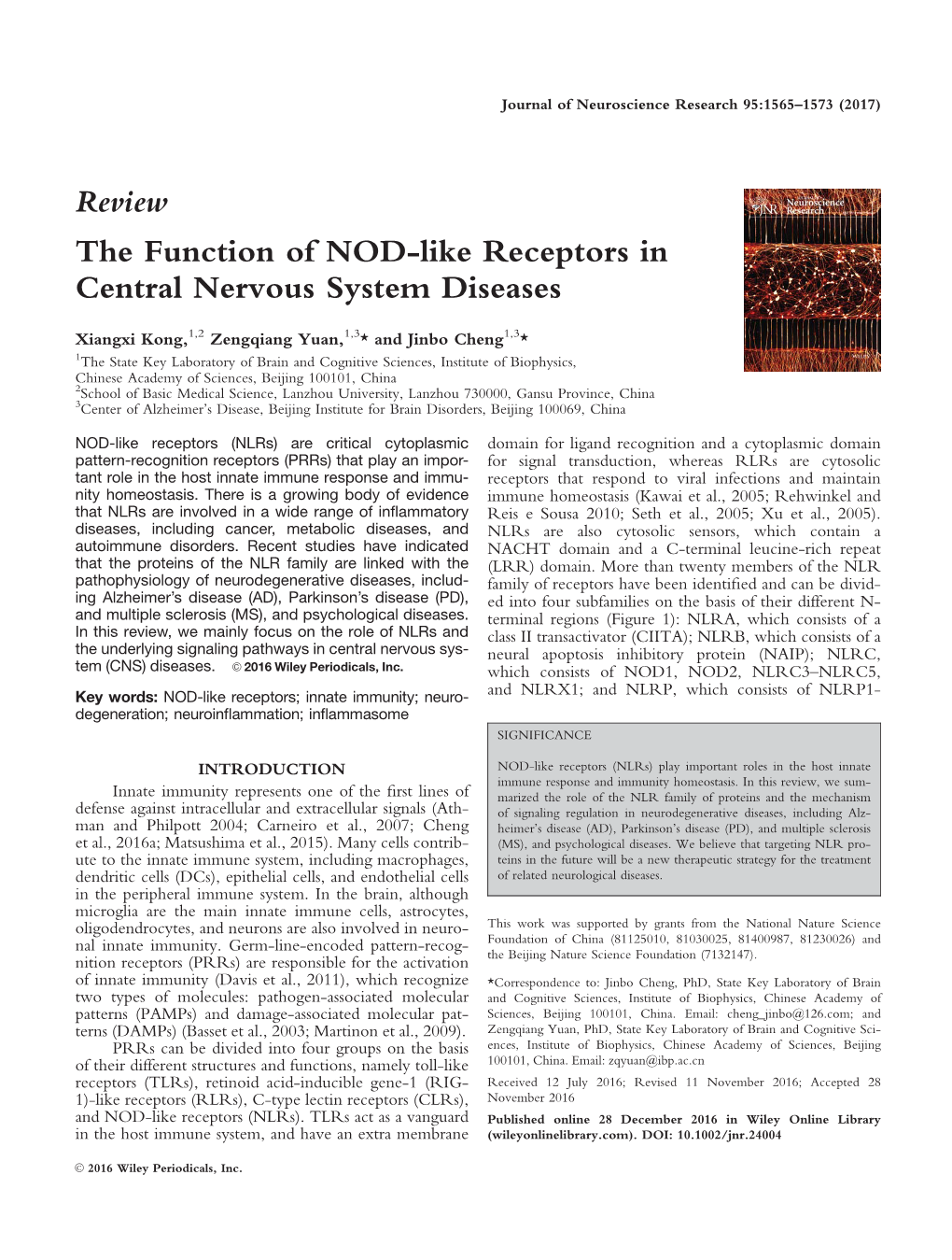 The Function of NOD-Like Receptors in Central Nervous System Diseases