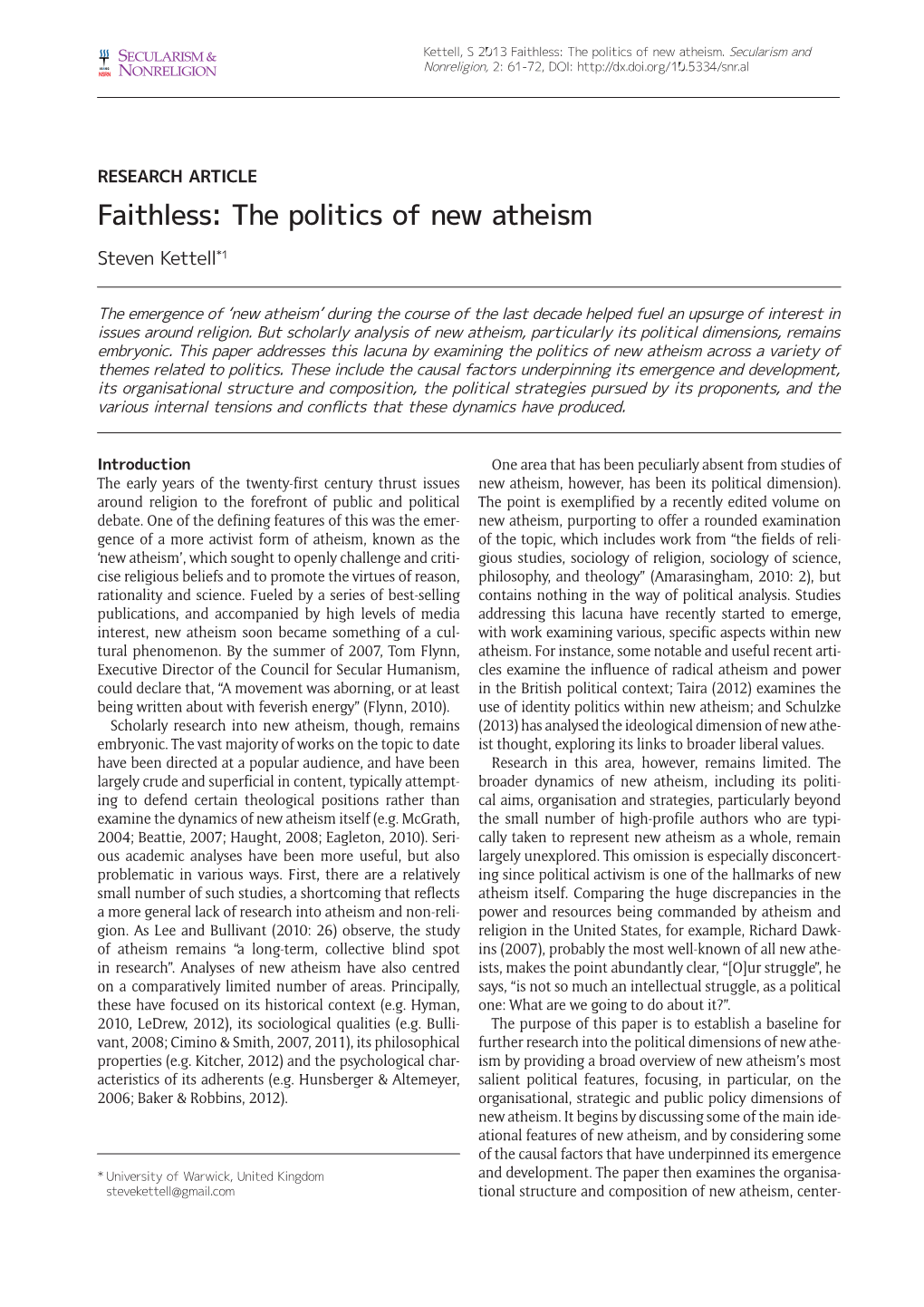 Faithless: the Politics of New Atheism