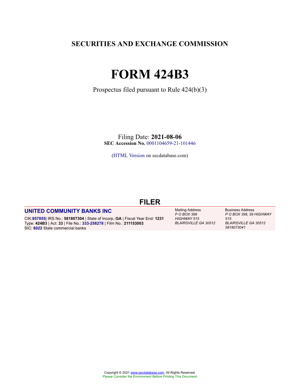 UNITED COMMUNITY BANKS INC Form 424B3 Filed 2021-08-06