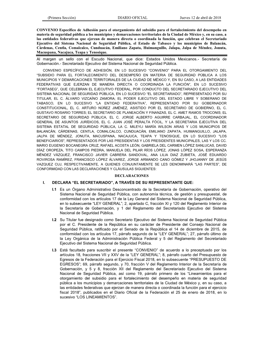 DIARIO OFICIAL Jueves 12 De Abril De 2018 CONVENIO Específico De