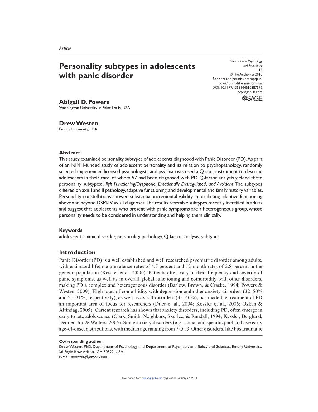 Personality Subtypes in Adolescents with Panic Disorder