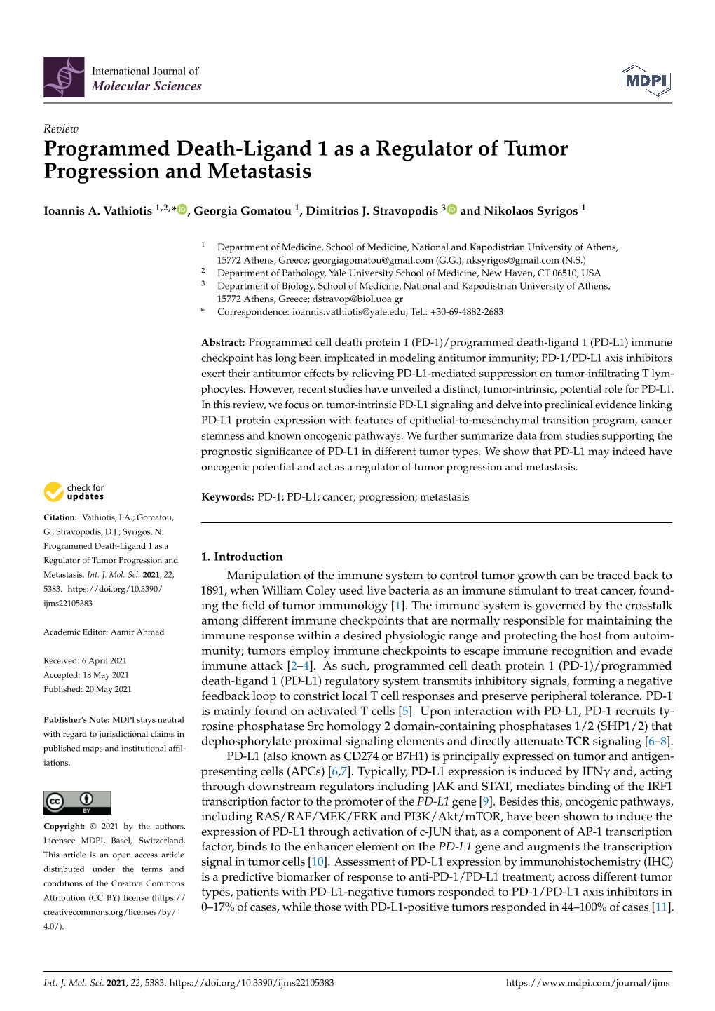 Programmed Death-Ligand 1 As a Regulator of Tumor Progression and Metastasis