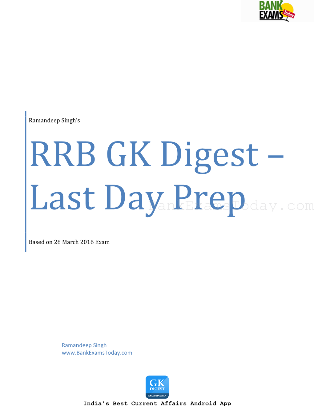 RRB GK Digest – Based on 28 March 2016 Exam Last Day Prep