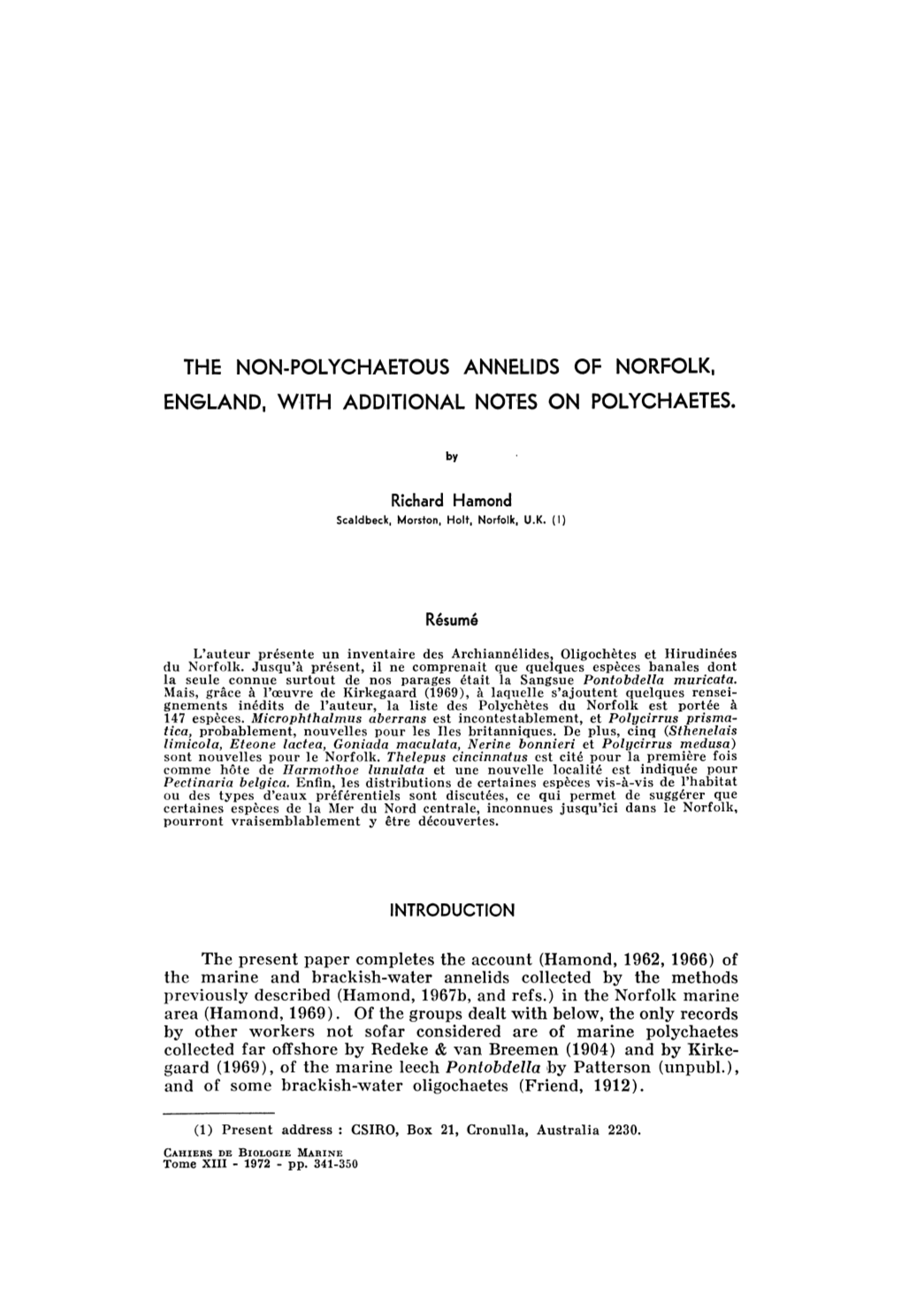 The Non-Polychaetous Annelids of Norfolk, England, with Additional Notes on Polychaetes