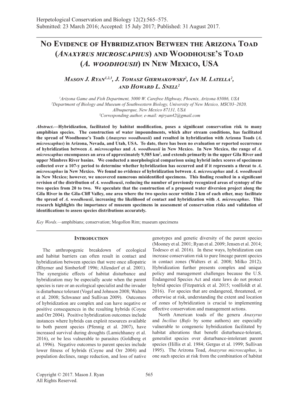 No Evidence of Hybridization Between the Arizona Toad (Anaxyrus Microscaphus) and Woodhouse's Toad (A. Woodhousii) in New Mexi