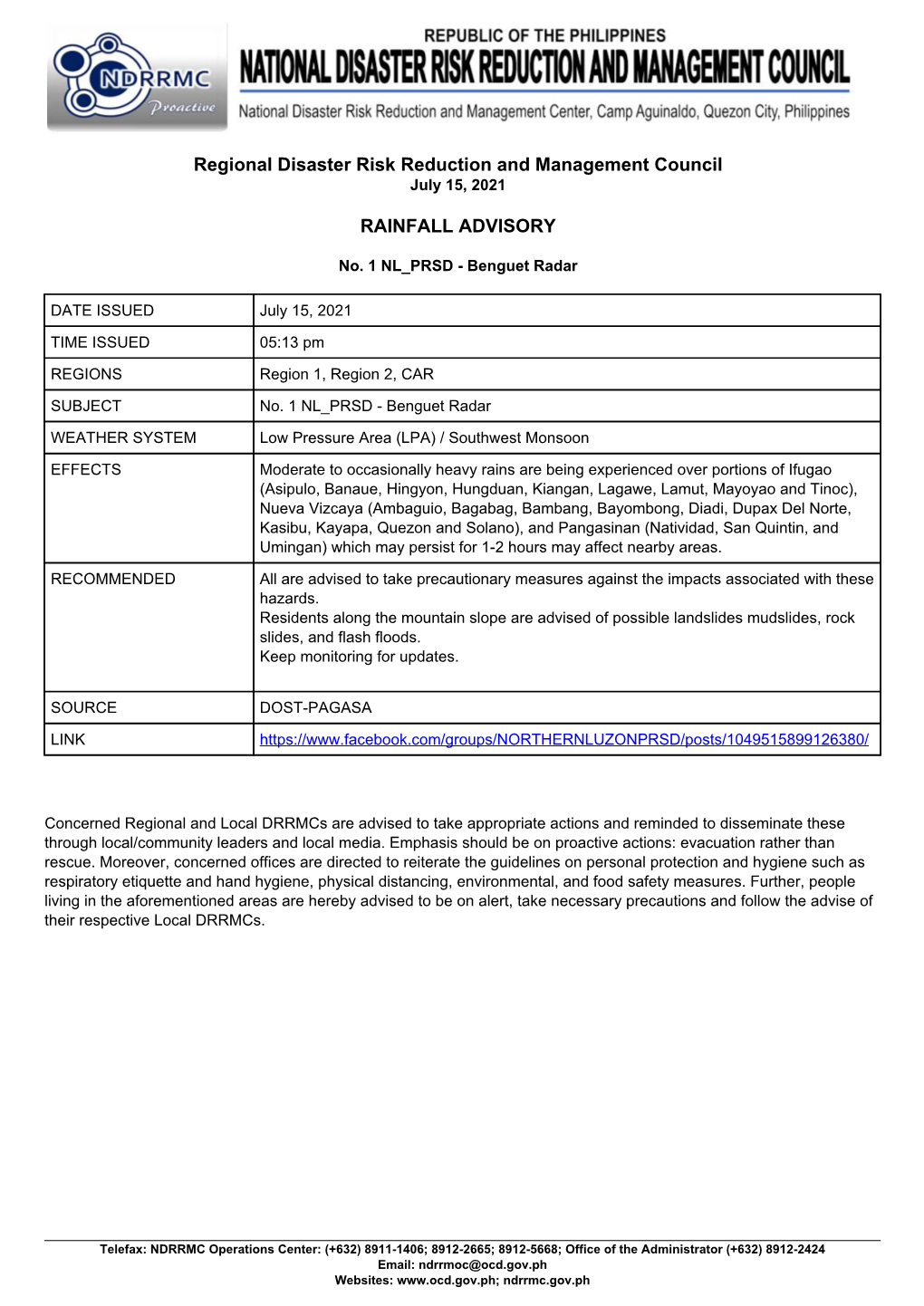 Monitoring Report Rainfall Advisory