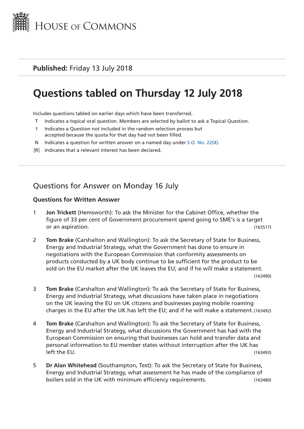 Questions Tabled on Thu 12 Jul 2018