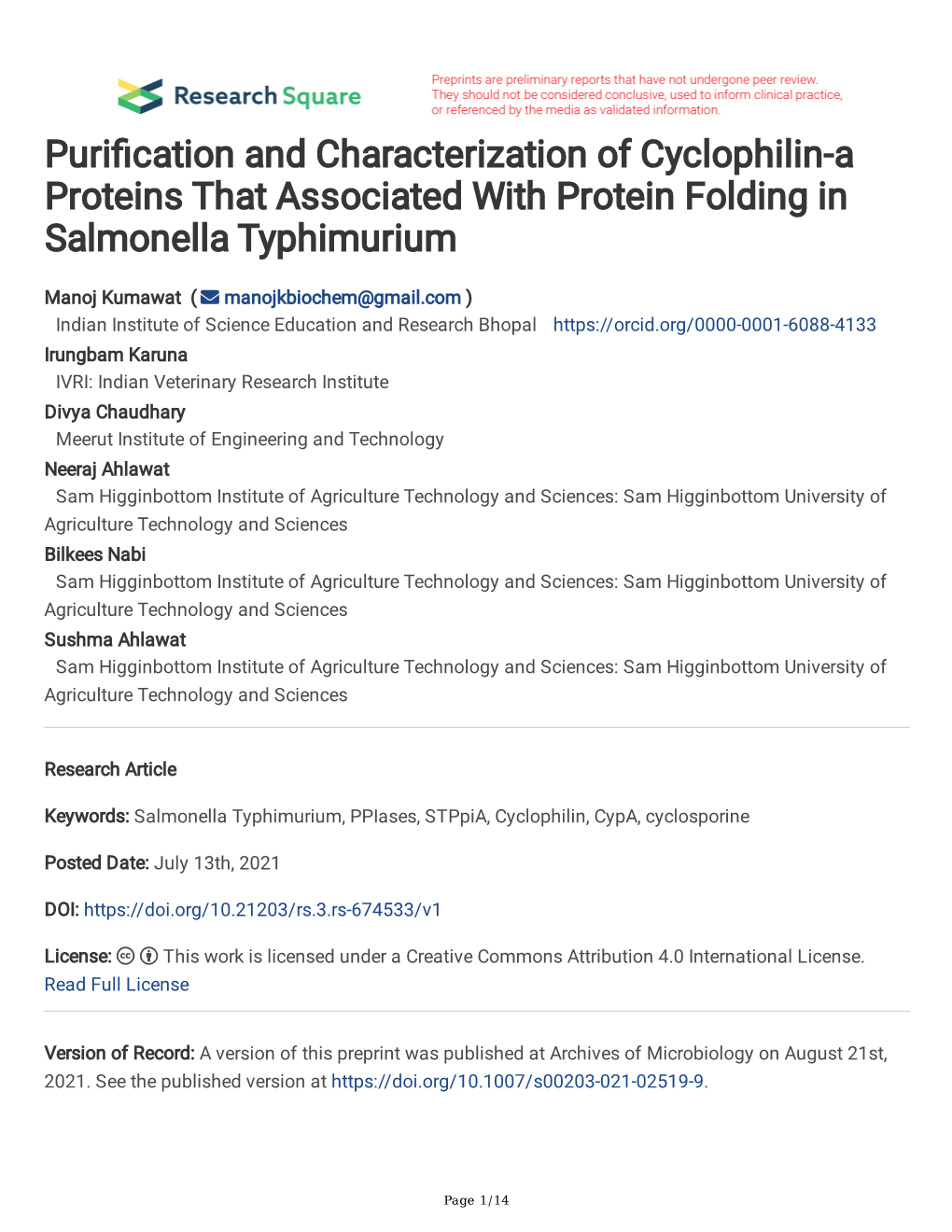 Puri Cation and Characterization of Cyclophilin-A Proteins That