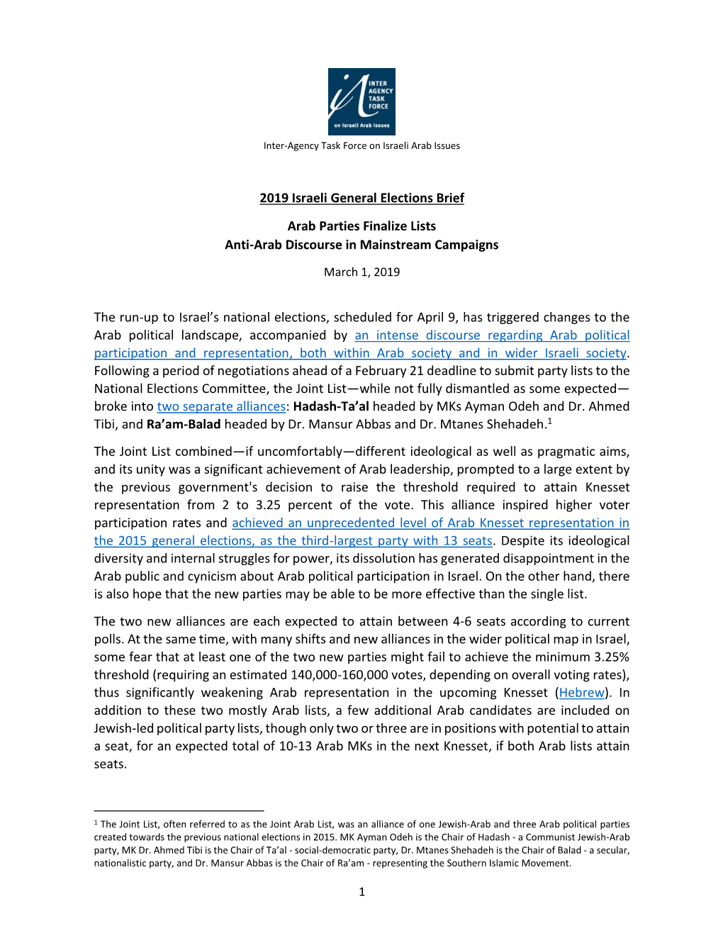 2019 Israeli General Elections Brief Arab Parties Finalize Lists Anti-Arab Discourse in Mainstream Campaigns