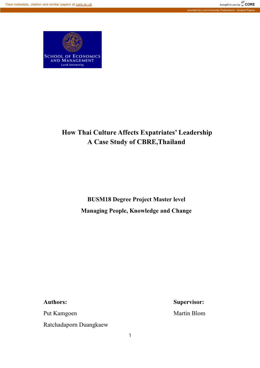 How Thai Culture Affects Expatriates' Leadership a Case Study of CBRE