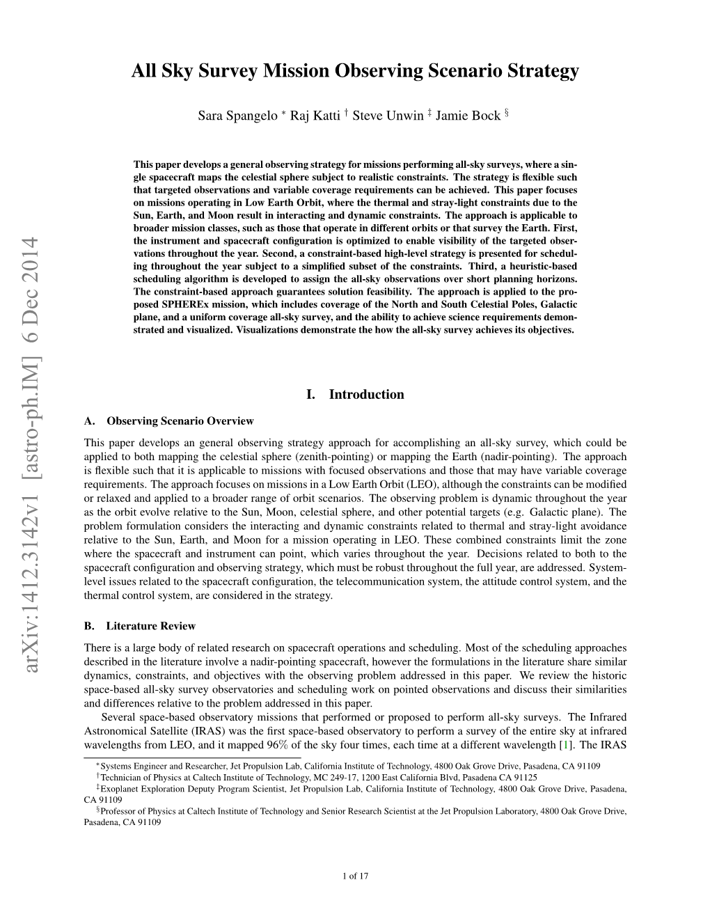 All Sky Survey Mission Observing Scenario Strategy