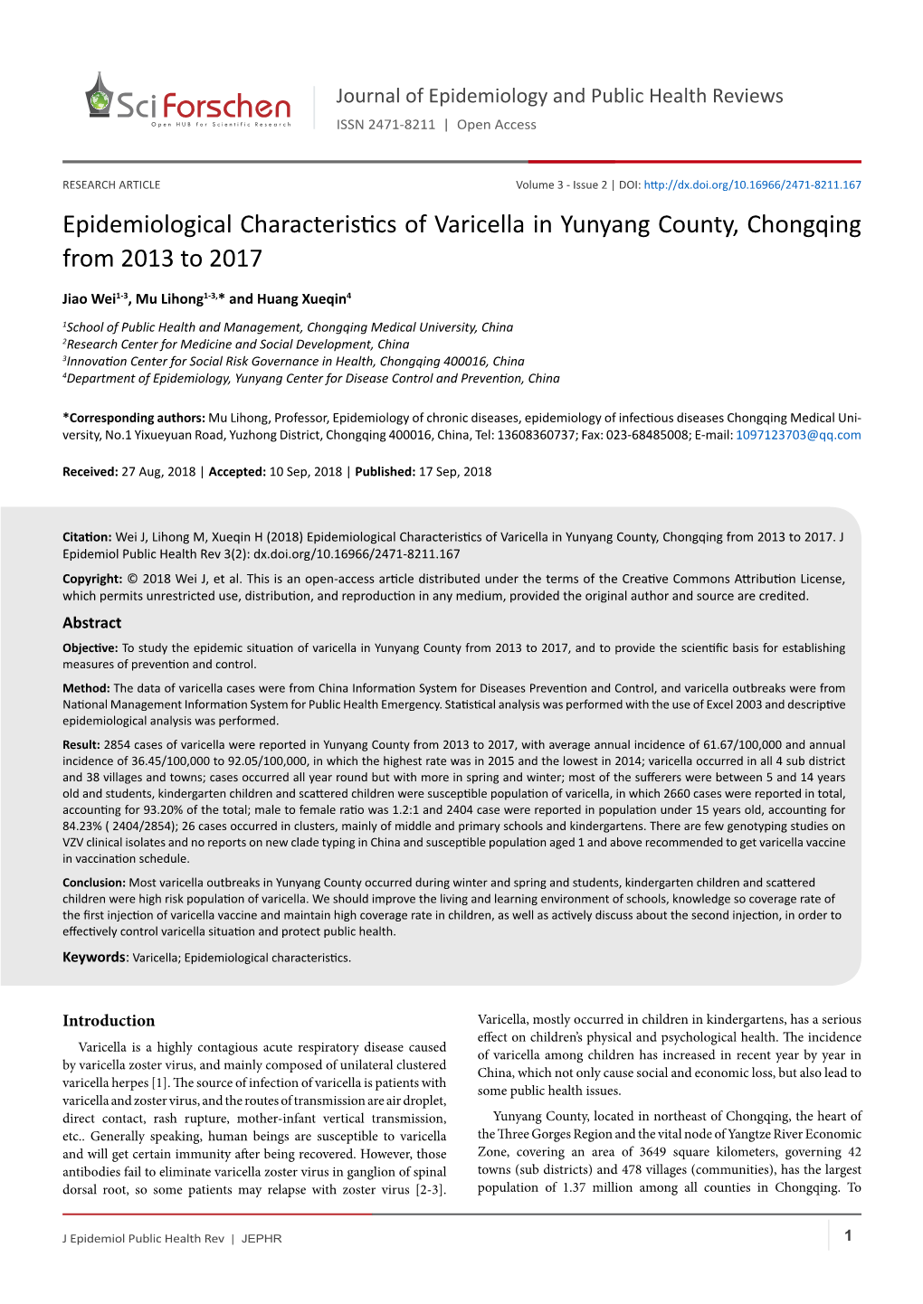 Epidemiological Characteristics of Varicella in Yunyang County, Chongqing from 2013 to 2017