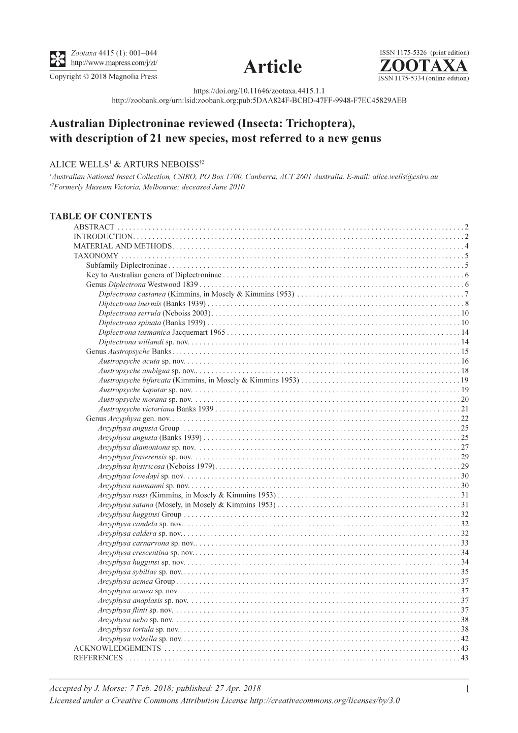 Australian Diplectroninae Reviewed (Insecta: Trichoptera), with Description of 21 New Species, Most Referred to a New Genus