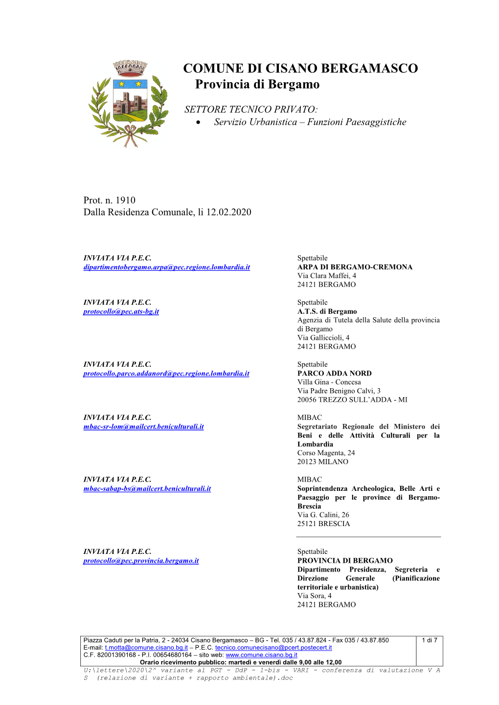 COMUNE DI CISANO BERGAMASCO Provincia Di Bergamo