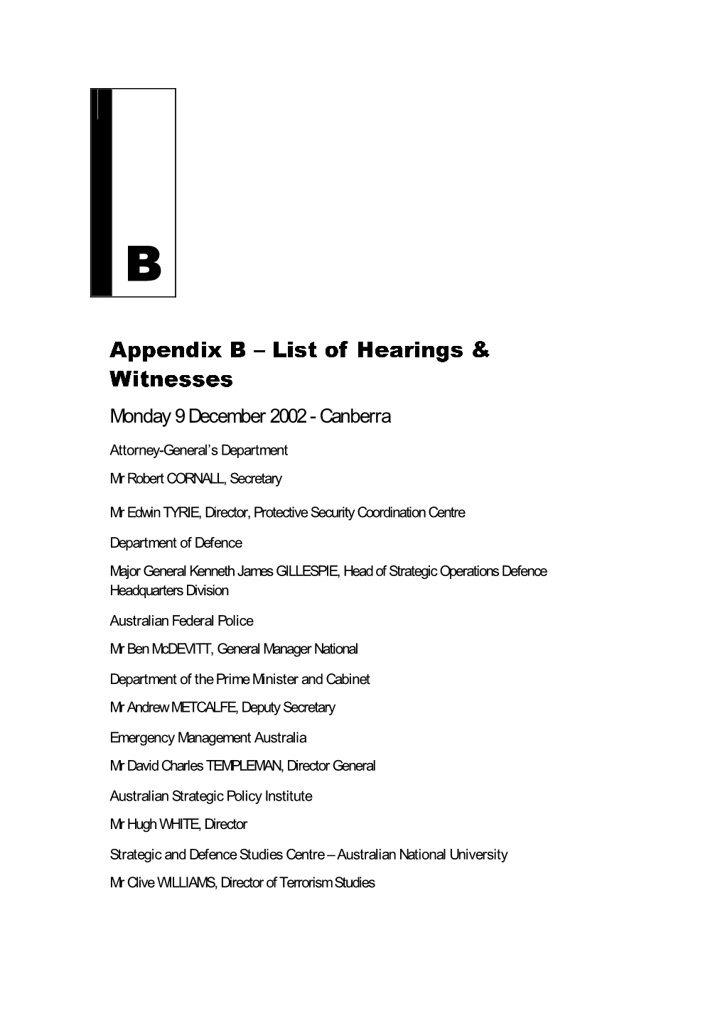 Appendix B: List of Hearings and Witnesses