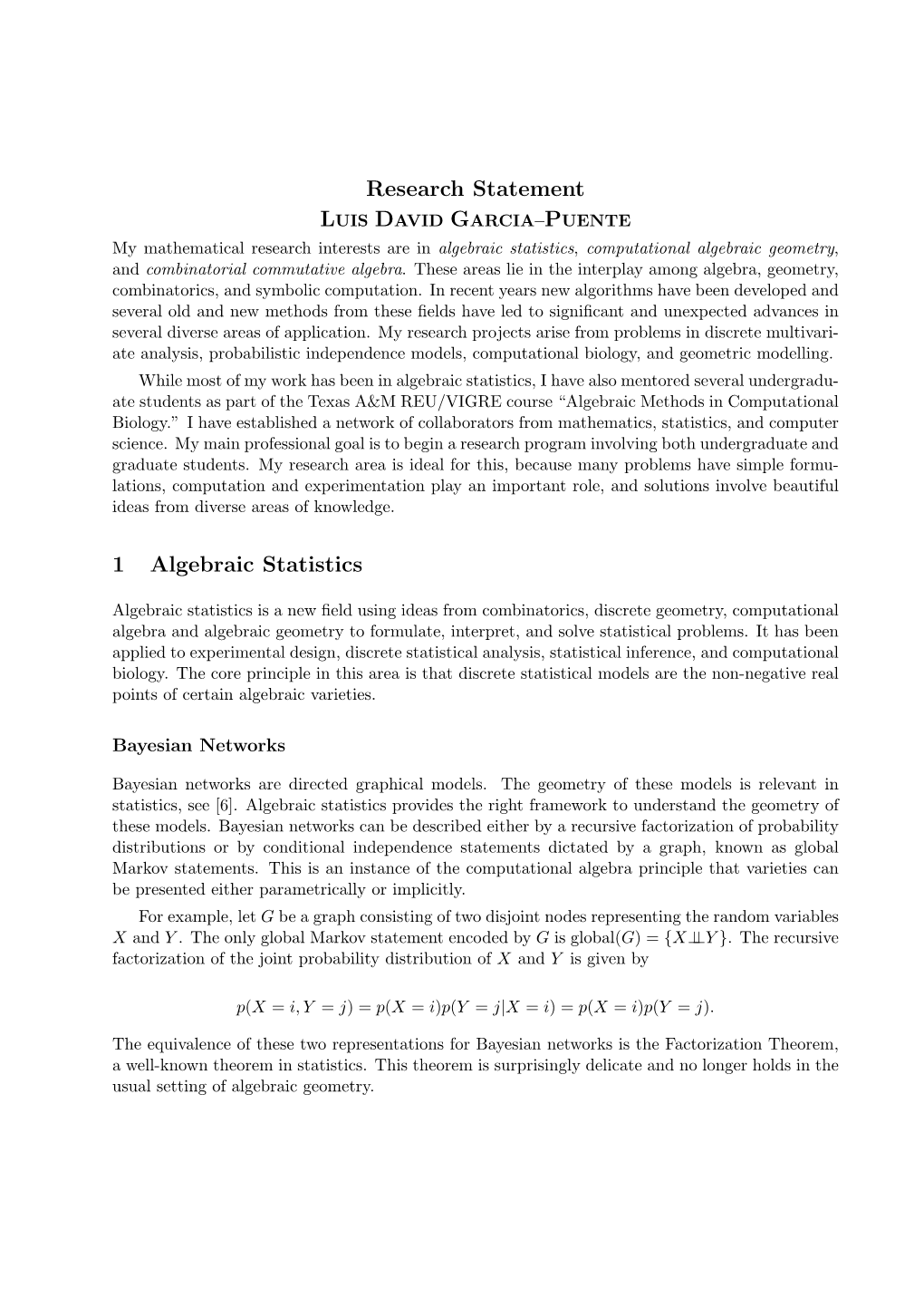 Research Statement 1 Algebraic Statistics