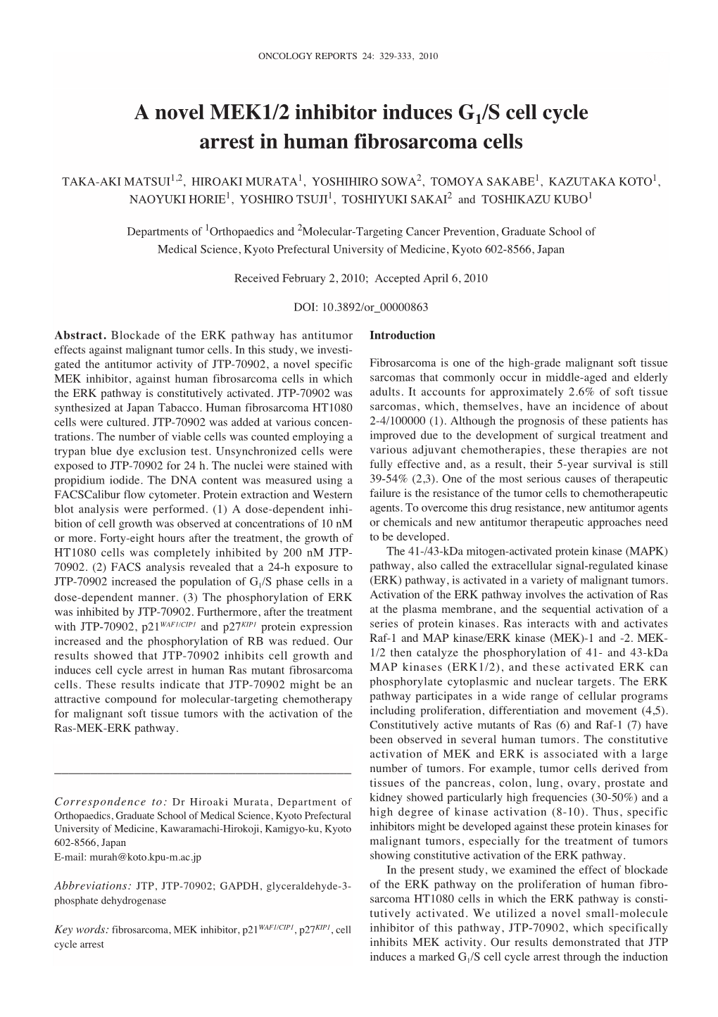 A Novel MEK1/2 Inhibitor Induces G1 /S Cell Cycle Arrest in Human Fibrosarcoma Cells