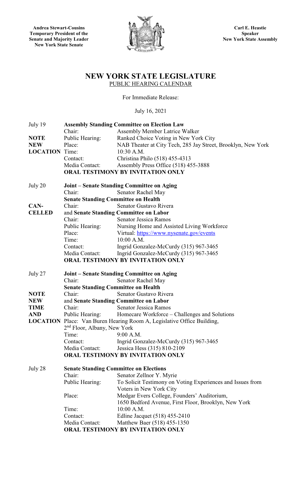 New York State Legislature Public Hearing Calendar