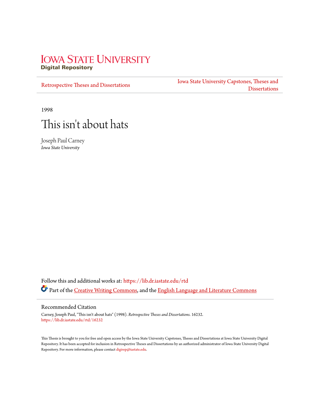 This Isn't About Hats Joseph Paul Carney Iowa State University