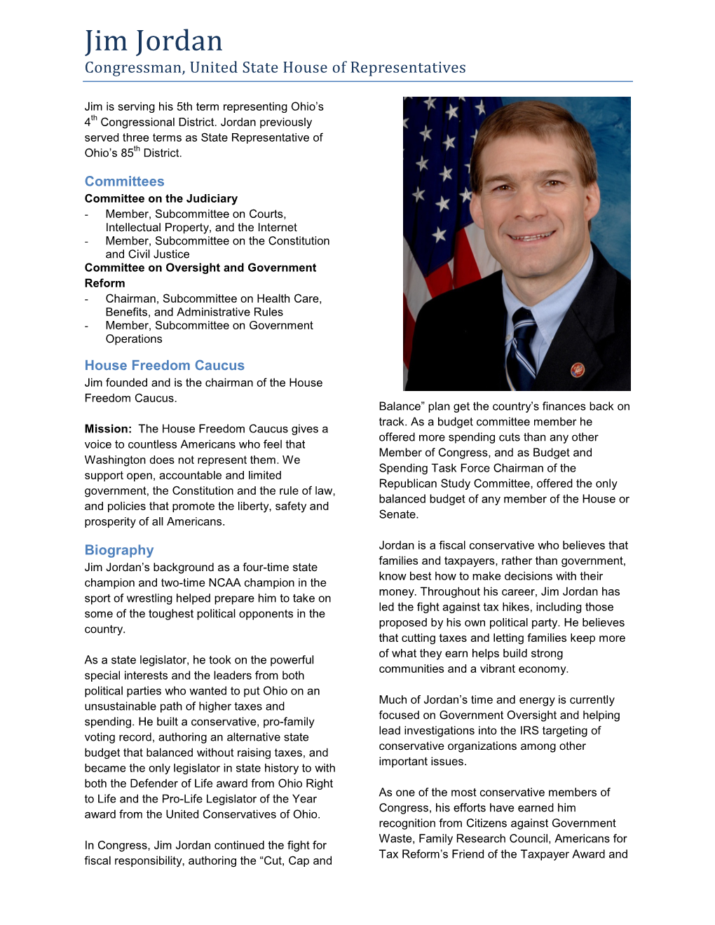 Jim Jordan Congressman, United State House of Representatives